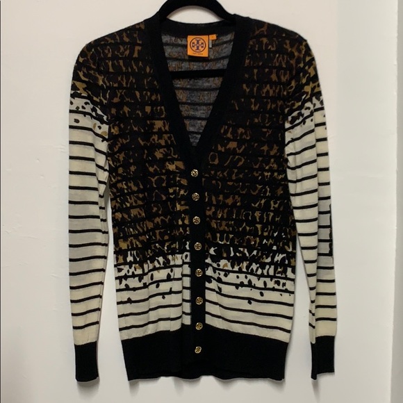 EUC Tory Burch Striped Animal Print Cardigan sz S - Picture 3 of 10